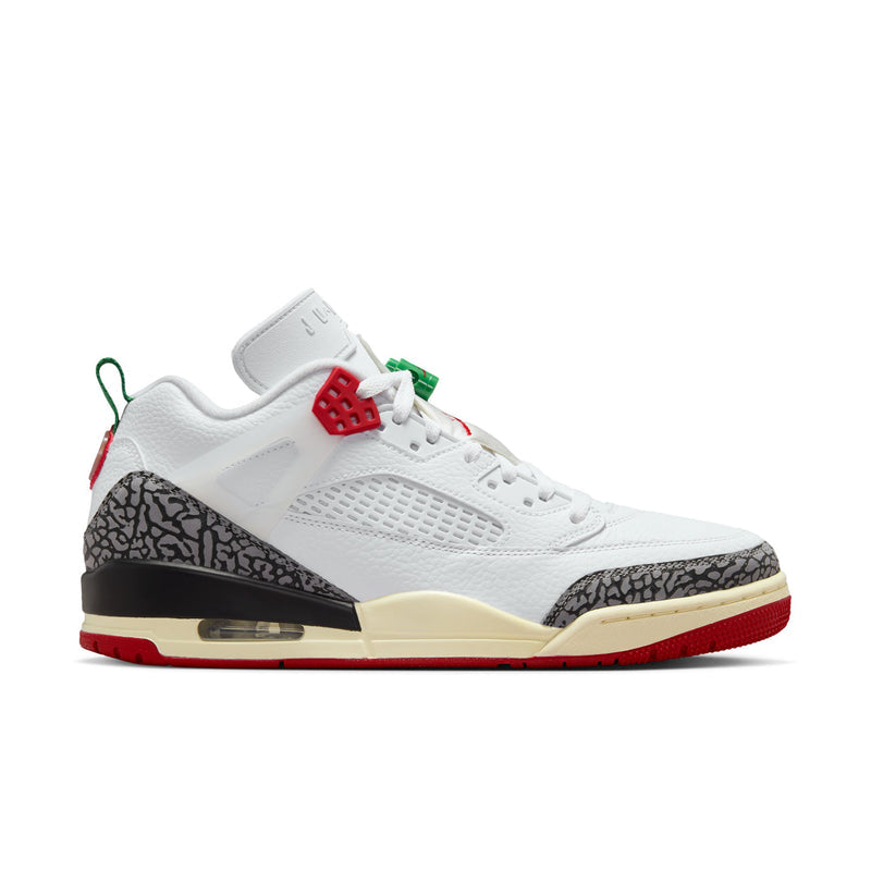 Men’s low-top sneakers, white leather with black toe panel, red/cream accents, lace-up