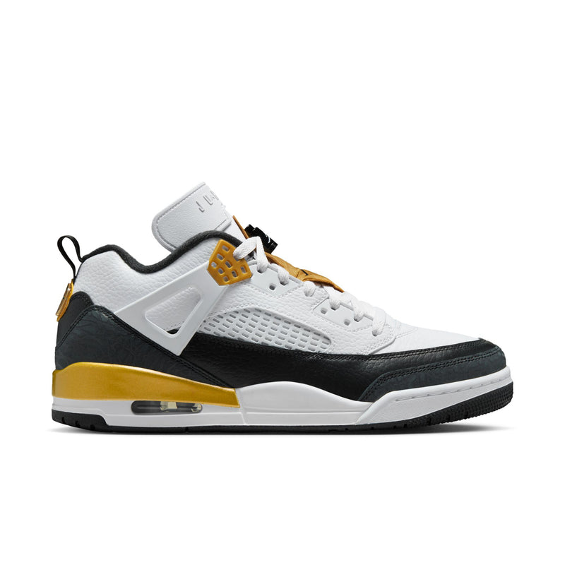 Men's low-top sneakers in white, black, and metallic gold; lace-up with padded collar.