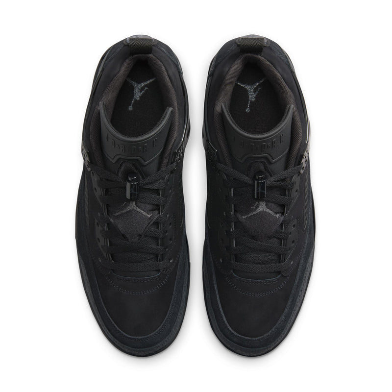 Black sneaker pair viewed from above, showing laces, tongues, and padded collars