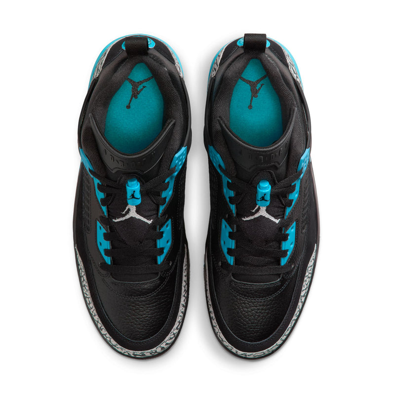 Pair of men's low-top sneakers, black with turquoise lining and lace cage details.