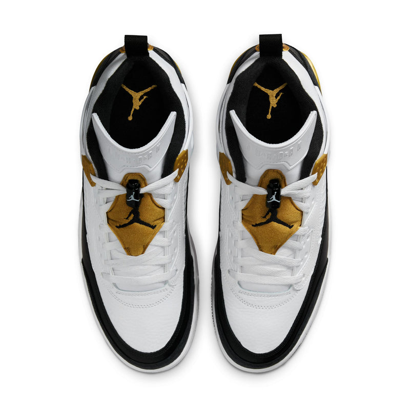 Pair of men's low-top sneakers viewed from above; white uppers with gold tongue logo.