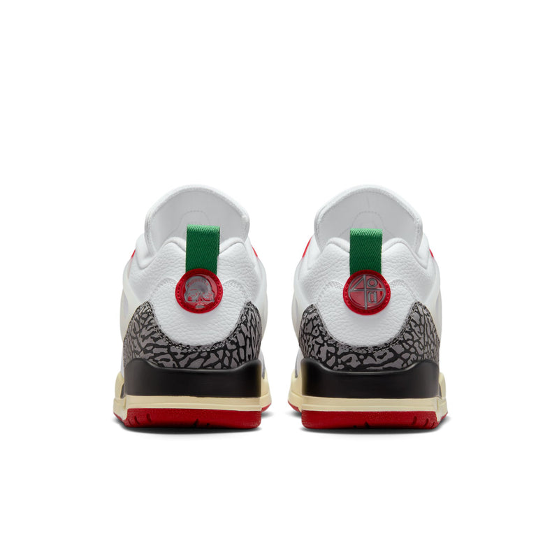 Men’s sneakers heel view, white back panels with black speckled heel and red outsole