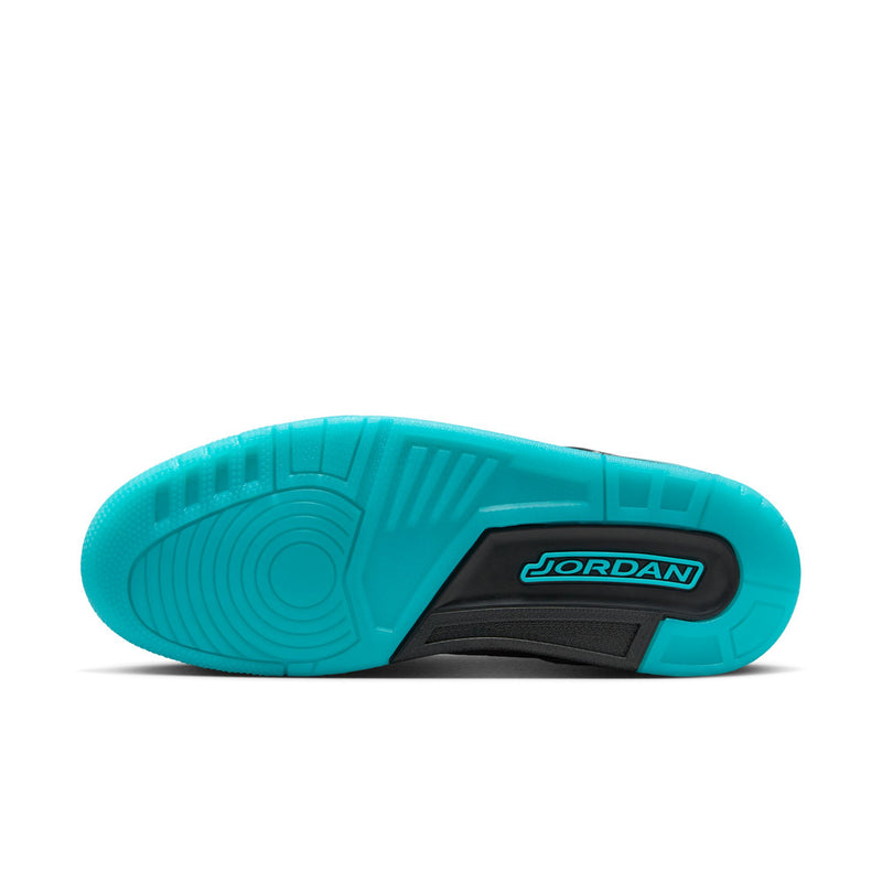 Men's sneaker outsole in turquoise with JORDAN logo and black traction.