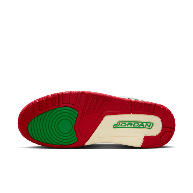 Men’s sneaker outsole, red tread with green circular pattern and cream midfoot area