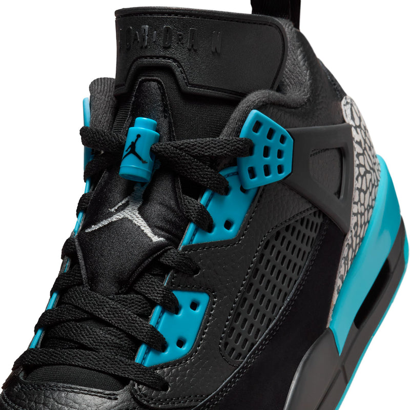Men's low-top sneaker upper in black with turquoise lace loops and mesh panel.