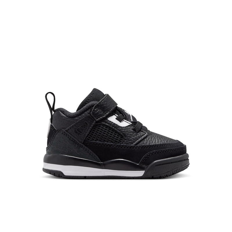 Black toddler low-top sneakers with white strap and Air Jordan-style logo