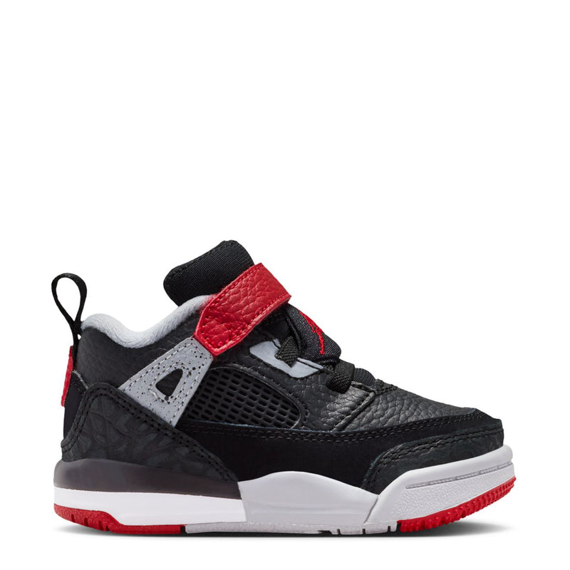 Toddler low-top sneakers in black with red strap, gray details, and white sole