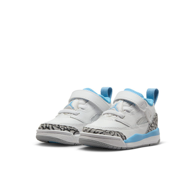 Toddler low-top sneakers, pair view; white uppers with light blue accents and leopard side