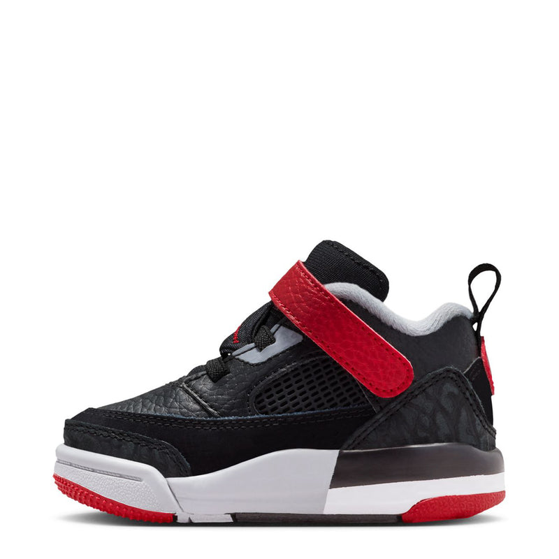 Toddler low-top sneakers, black upper with red hook-and-loop strap and white midsole
