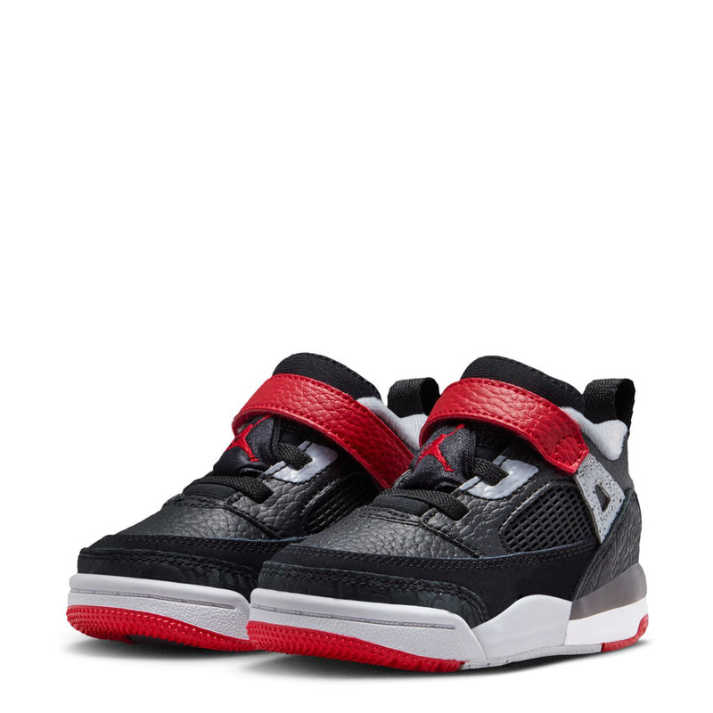 Toddler low-top sneakers shown as a pair; black with red straps and white midsole