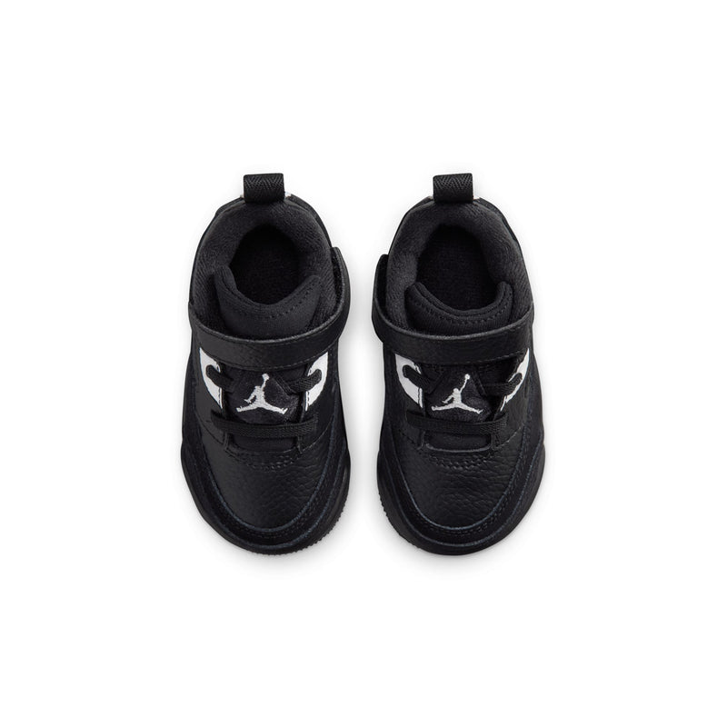 Black toddler sneakers with mesh panels, rear collar, and white Jumpman logo
