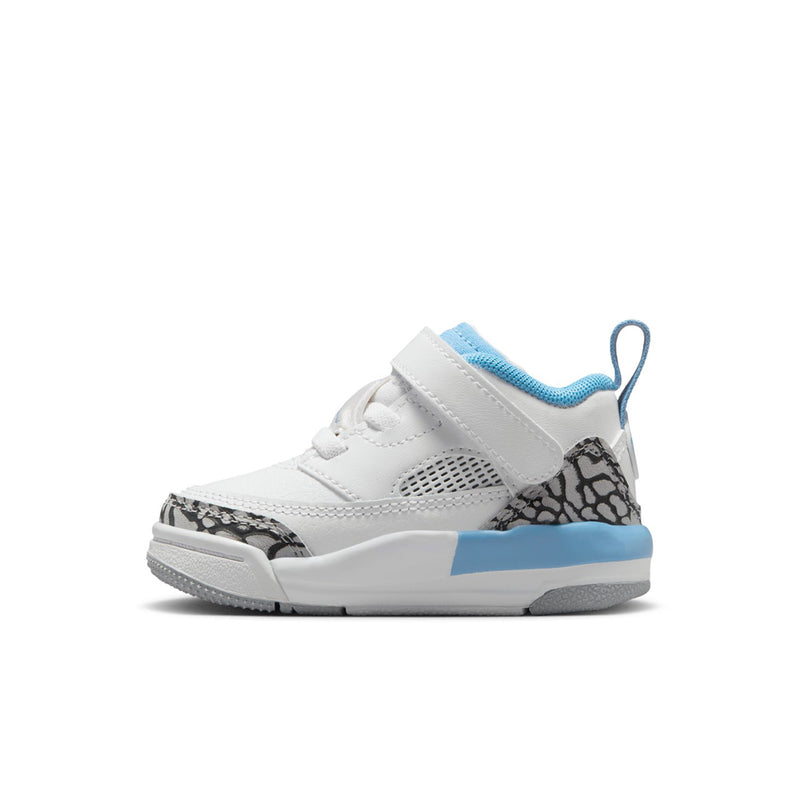 Toddler low-top sneakers, side view; white with light blue lace, strap and leopard toe