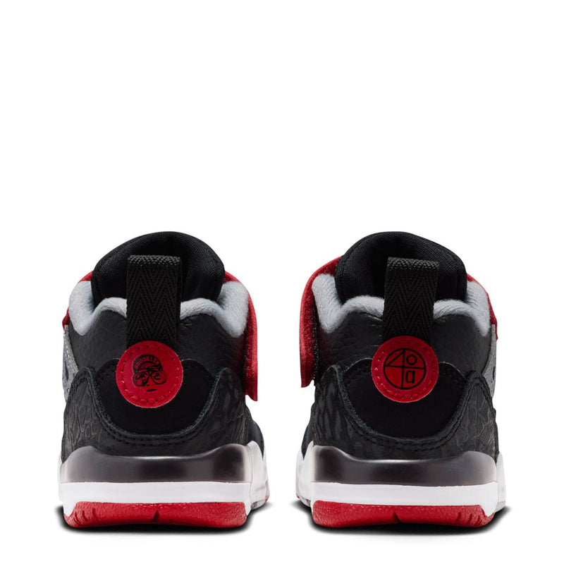 Toddler sneaker heels in black with red circular logo and white midsole