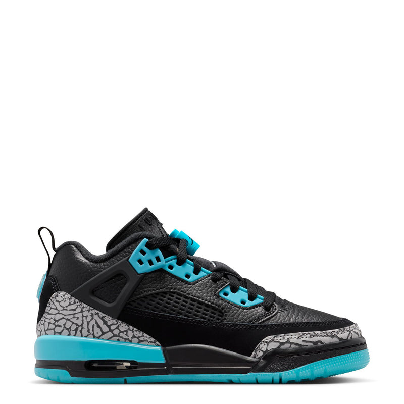 Youth low-top sneaker in black with turquoise laces and speckled light-gray midsole