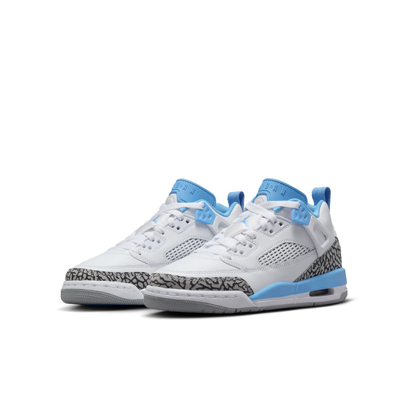 Pair of youth low-top sneakers, white uppers with blue accents and speckled side panel