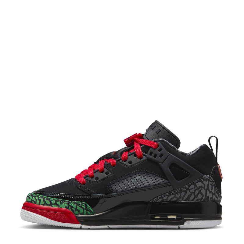 Youth low-top sneakers, black with red laces, patterned side, green trim