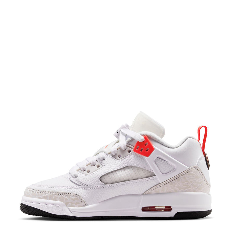 White youth low-top sneakers with bright crimson logo tab and molded gray detail panel