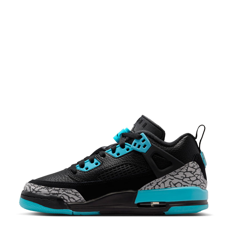 Youth low-top sneaker, black mesh upper with turquoise accents and speckled midsole