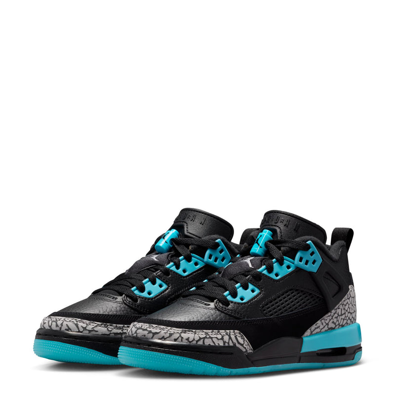 Youth low-top sneakers, black with turquoise lace panels and speckled heel and midsole