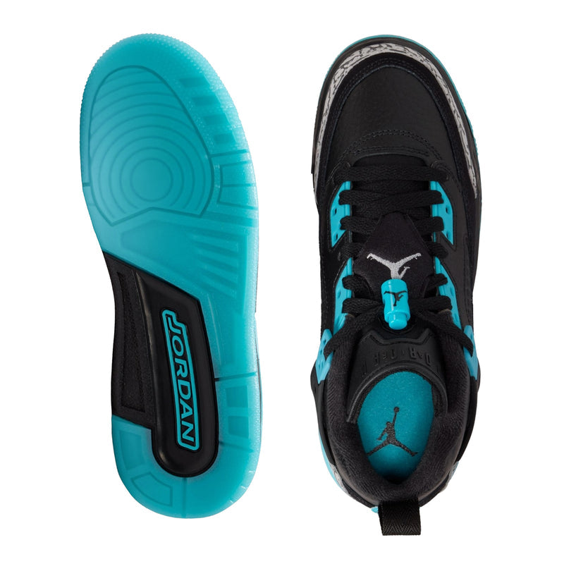 Youth low-top sneaker outsole and interior, black upper with turquoise outsole and Jumpman