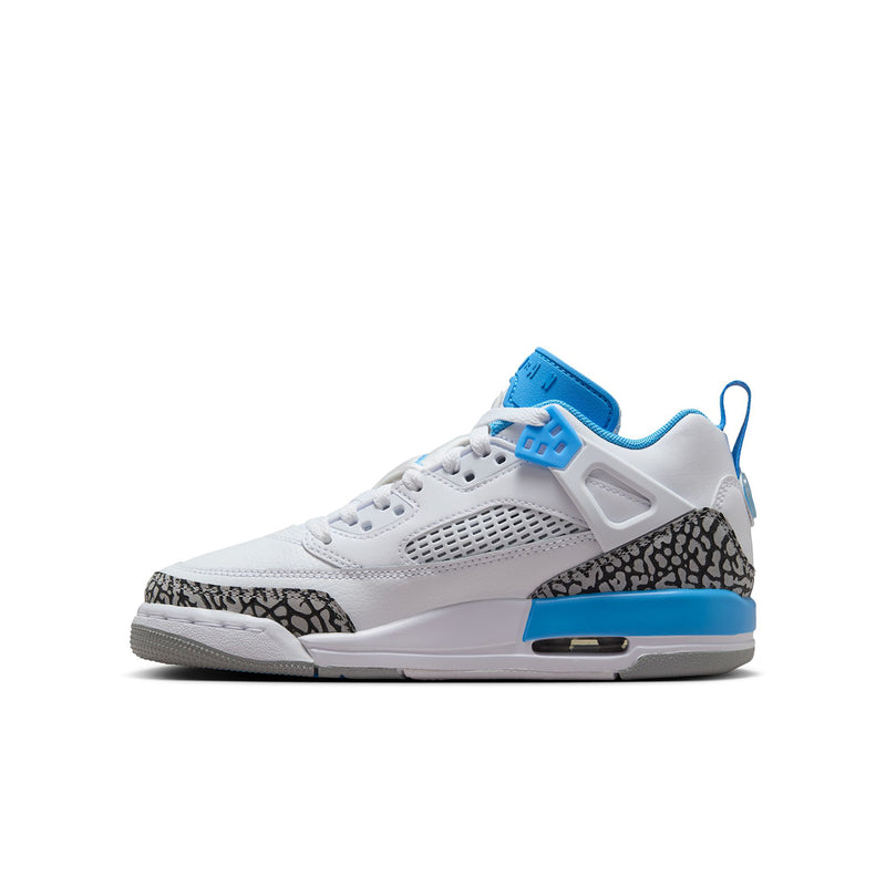 Youth low-top sneakers, white upper with blue lace loops and blue-tinted air unit midsole