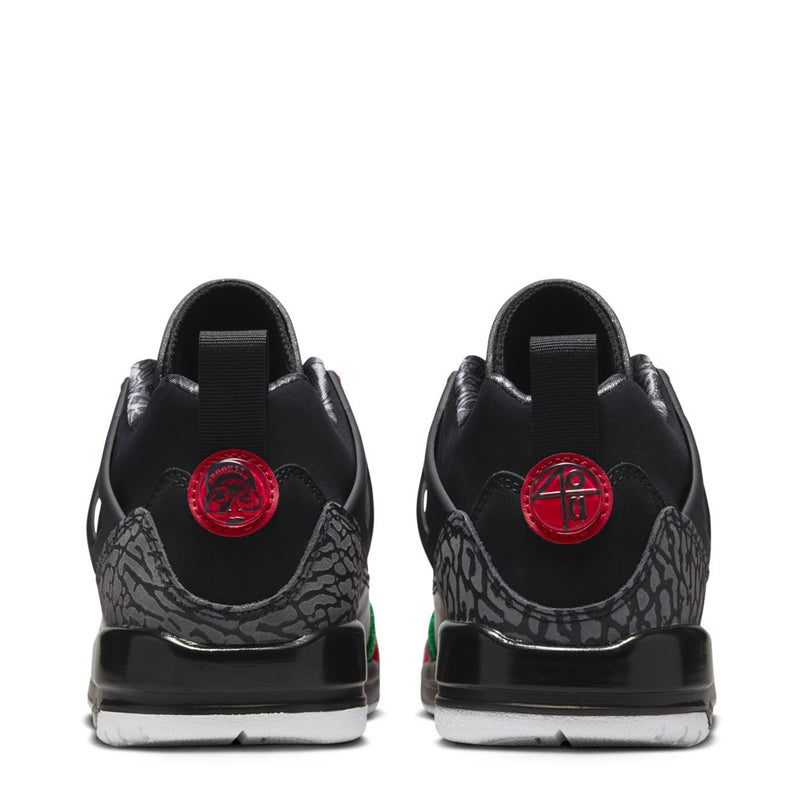 Youth sneakers, black with red circular heel logo and gray patterned side