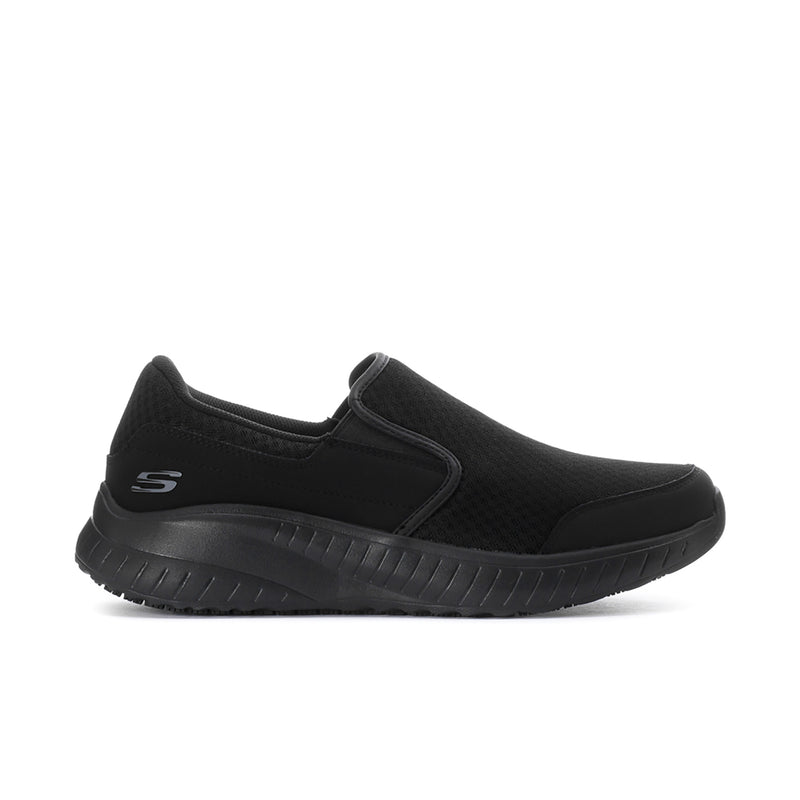 Men's black slip-on sneakers with textured upper and cushioned rubber sole