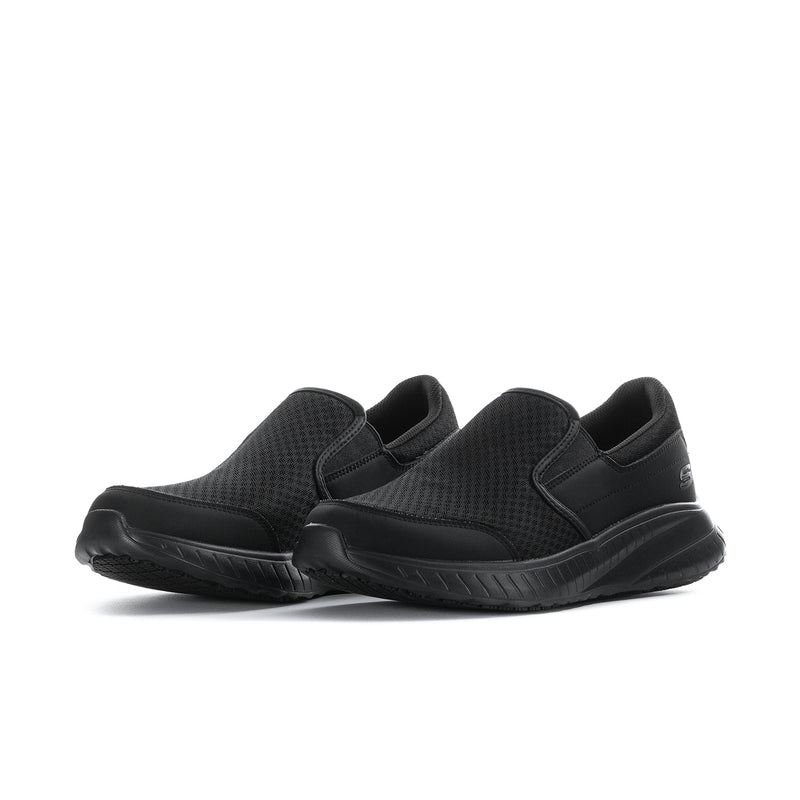 Men's black slip-on sneakers, side view of two shoes with cushioned outsole