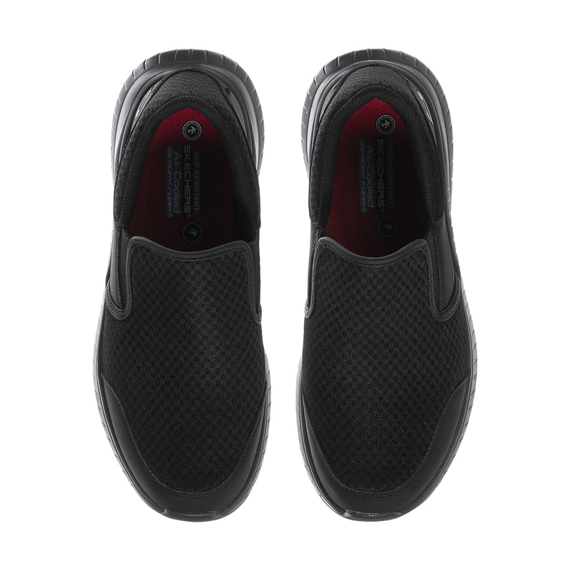 Men's black slip-on sneakers, front view with red logo on insole