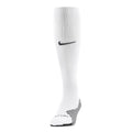 White knee-high soccer sock with black heel toe and swoosh logo