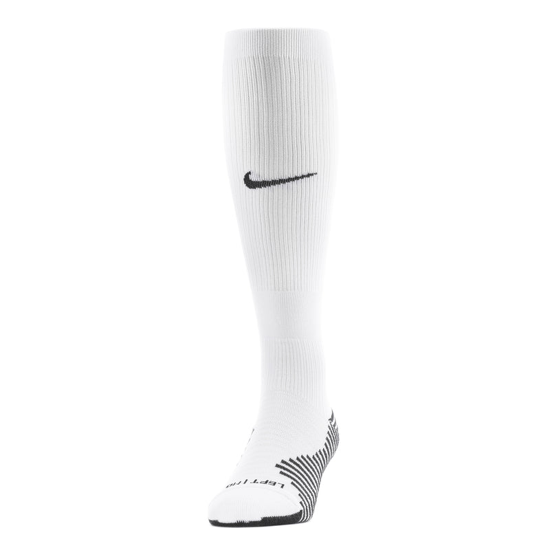 White knee-high soccer sock with black heel toe and swoosh logo