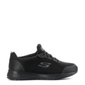 Women’s black athletic sneaker side profile with stitched logo and lace-up design