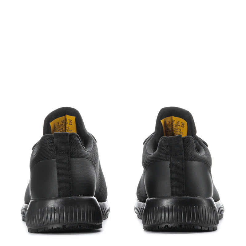 Women’s black athletic sneaker heel view with elastic collar and textured sole