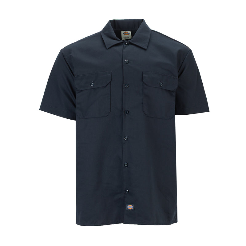 Men's dark navy twill short-sleeve button-up shirt with two chest pockets