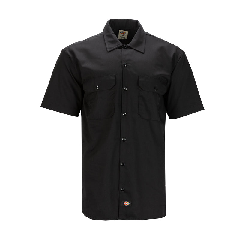 Men's black twill work shirt, short sleeves, button front, chest pockets
