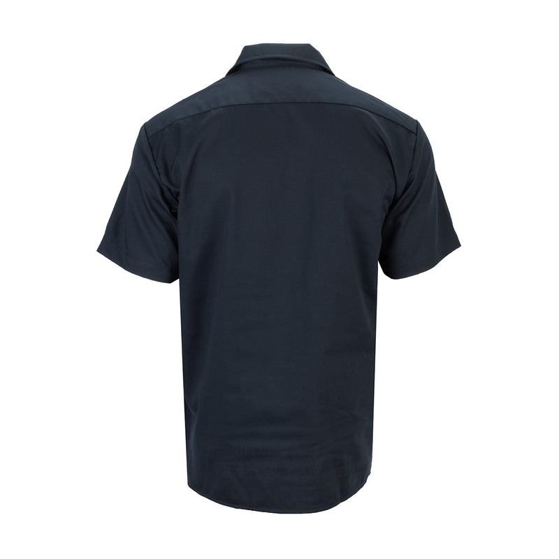 Men's dark navy twill short-sleeve button-up shirt, back view