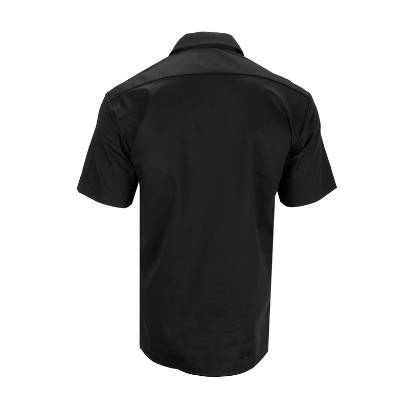 Men's black twill work shirt back view, short sleeves, button placket