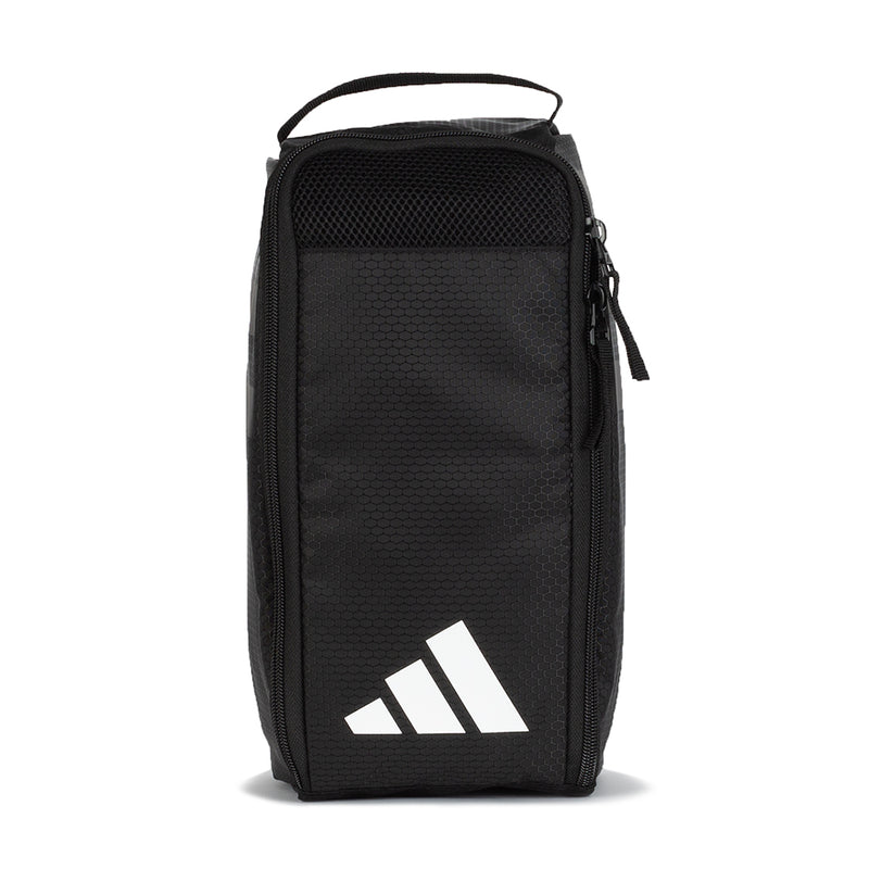Black shoe bag with white three-stripe logo, zip top and carry handle