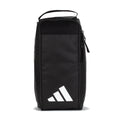 Black shoe bag with white three-stripe logo, zip top and carry handle