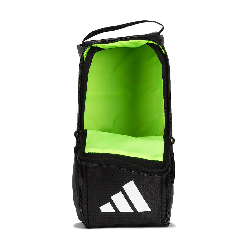 Black shoe bag with neon green lining, open top and white three-stripe logo