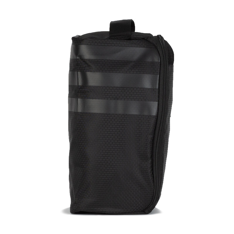 Black shoe bag with textured fabric, side panel, and top carry handle
