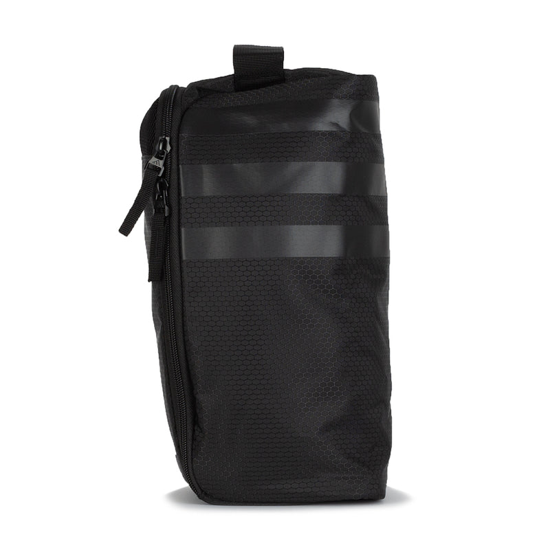 Black shoe bag with zipper closure and reflective bands, side view