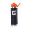 26oz stainless steel bottle, black body with orange flip-top lid and drinking straw