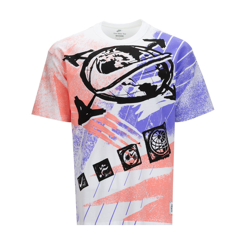 Men's short-sleeve graphic T-shirt with white base, pink/blue/black print at front