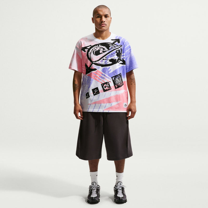 Men's short-sleeve graphic T-shirt with white base and large pink/blue/black artwork