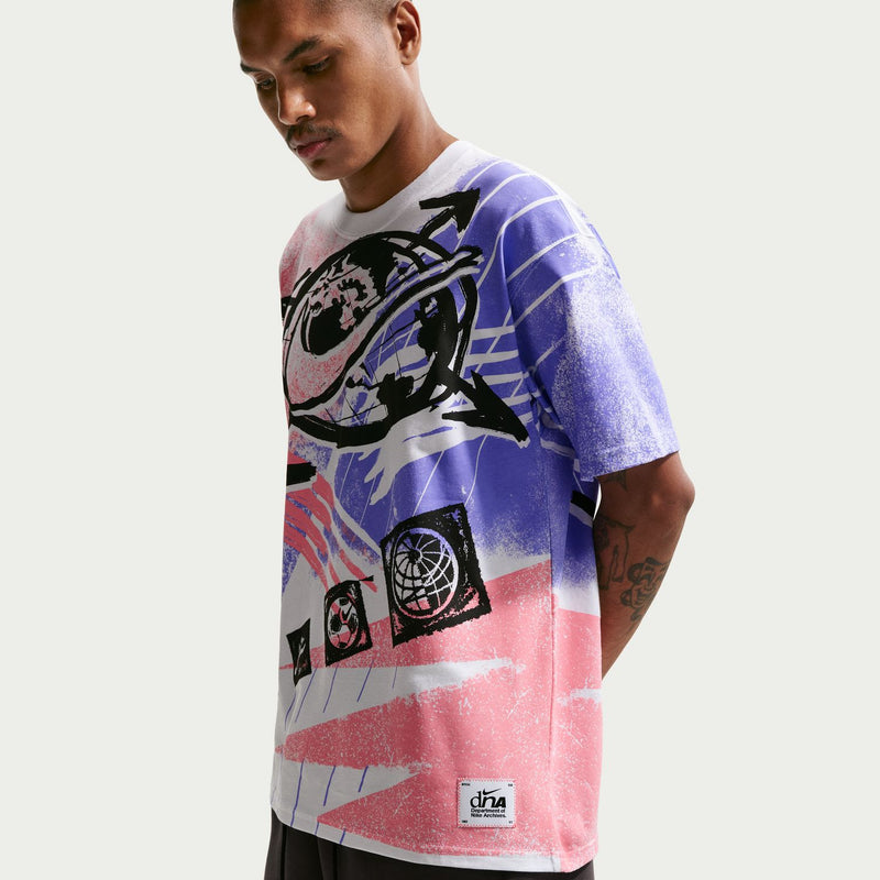Men's short-sleeve graphic T-shirt in side view; white base with pink and blue print