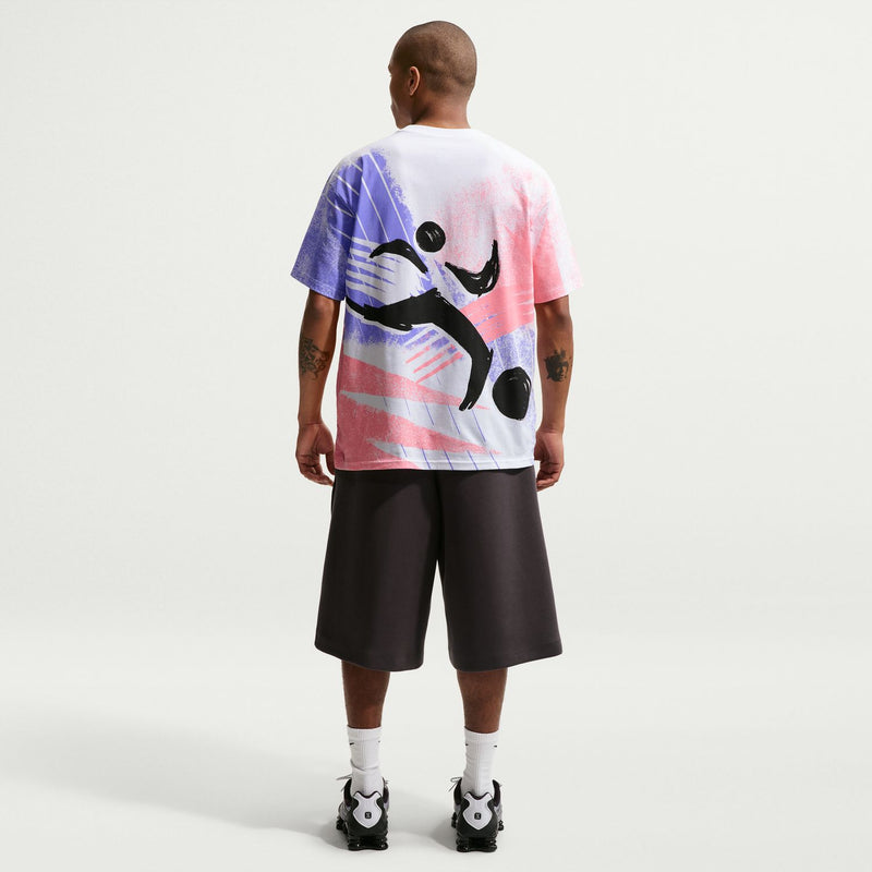 Men's short-sleeve graphic T-shirt back view; white base with pink and purple-toned print