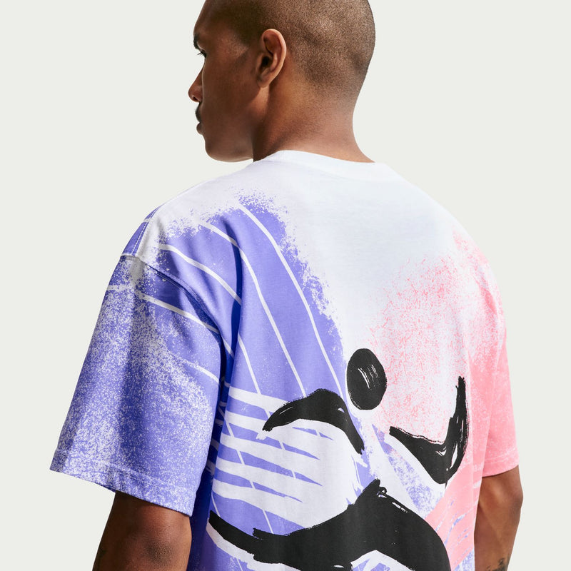 Men's short-sleeve graphic T-shirt back close-up; white base with blue/pink abstract print