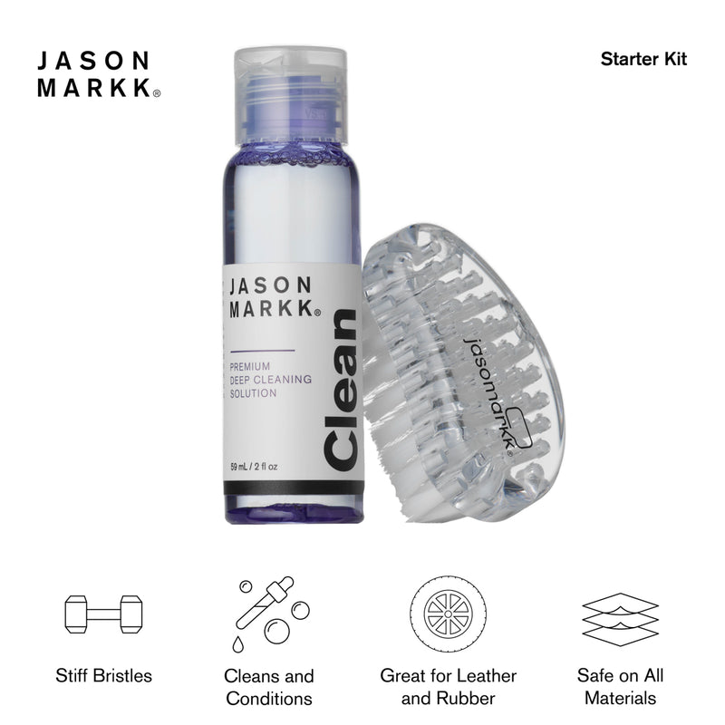 Shoe cleaning kit bottle with purple cleaner and oval stiff-bristle brush