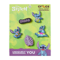 Stitch tropical 5-pack Jibbitz charms with colorful Stitch, Ohana sign, leaf, and flowers